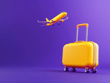 Bright suitcase prepares for travel with an airplane above photo