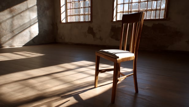 Wooden chair in sunlit, empty room photo