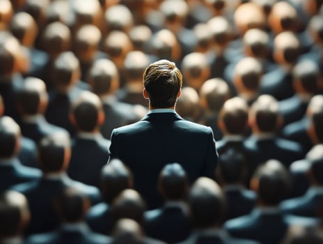 Crowd of individuals at a conference with a visible speaker photo