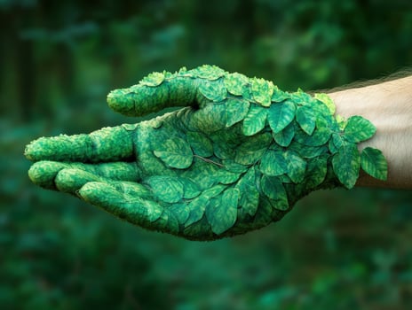 Leaf-covered hand showing nature's harmony in lush settings photo