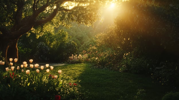 Sunlit Garden Path with White Tulips photo