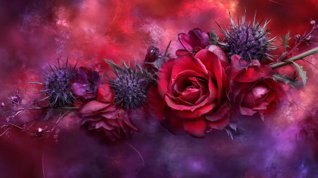 Red Roses and Purple Flowers in a Cosmic Setting photo