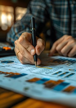 analyst writing notes on financial report showing revenue and expenses photo
