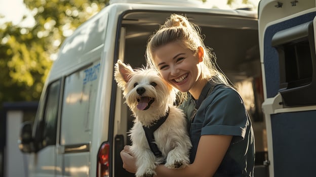 mobile pet grooming van, friendly groomer with dog, small service business, loyal clients, photo