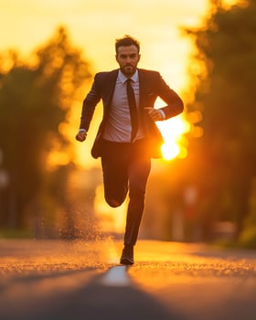 businessman in suit sprinting across finish line achieving success career goal perseverance outdoor sunrise photo