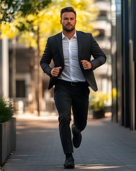 business executive in formal wear running to success outdoor competition achievement perseverance energetic photo