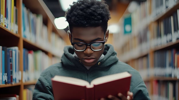 Young student reading a book in the school library photo