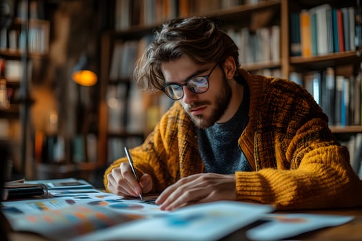 university student in library writing digital marketing essay with charts and books photo