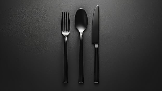 Fork, spoon, and knife are shown on a black background photo