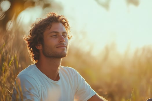 A man sitting in a field with his eyes closed photo