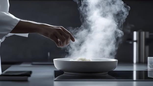 professional chef plating a balanced dish in a high-end kitchen, steam rising photo