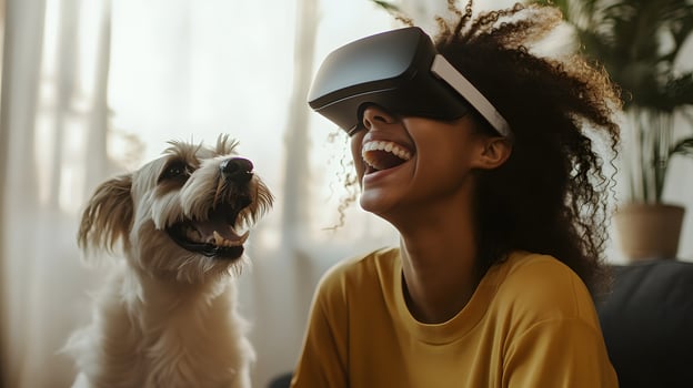 girl laughing during virtual mindfulness session with animal avatars photo