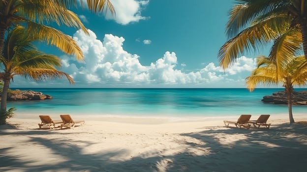dreamy tropical beach white sand clear sky sea and palm leaves warm vacation atmosphere photo