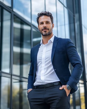 confident entrepreneur standing in front of modern office building, photo