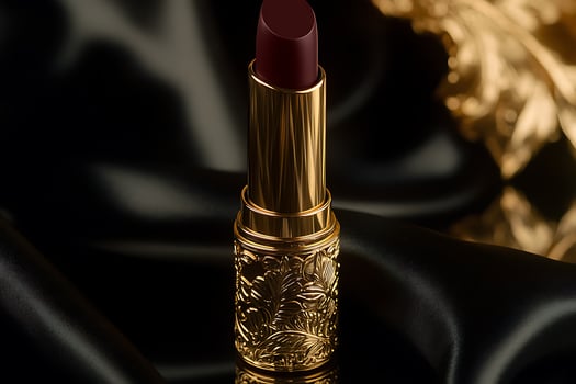 A lipstick sitting on a black cloth with gold leaf photo