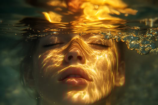 A woman is underwater with her eyes closed photo