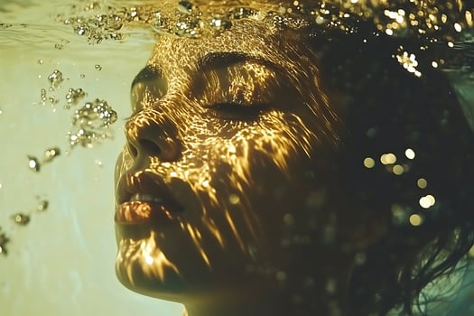 A woman under water with bubbles coming out of her eyes photo