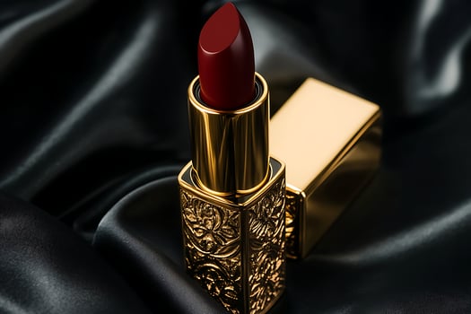 A red lipstick sitting on a gold and black cloth photo