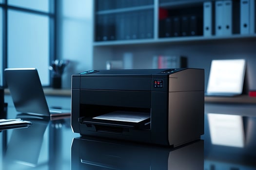 A printer sitting on a desk in front of a window photo