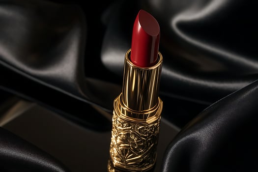 A red lipstick sitting on a black silk photo