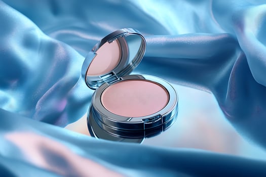 A compact powder compact on a blue satin cloth photo