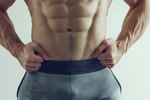 fitness professional demonstrating body fat pinch test, close-up view, neutral background photo