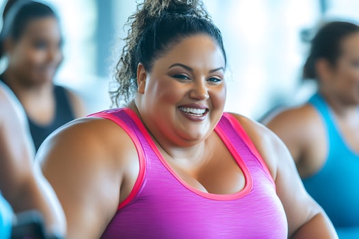 smiling plus size woman doing step aerobics, group workout vibe photo