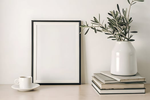 Minimalist decorative frame mockup with plant, books, and coffee elements photo