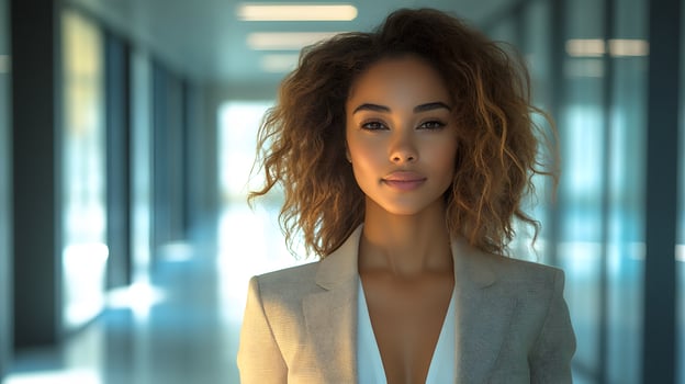 elegant businesswoman walking through office hallway with tablet photo
