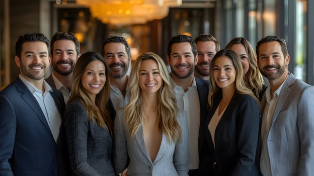 corporate leadership team celebrating success, clapping hands, group photo in modern office lobby.