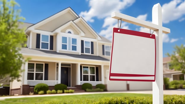 cozy suburban home with a for sale sign in front yard, clear skies, photo