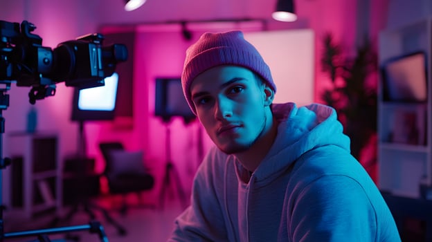 A young influencer live streaming from a modern studio, vibrant lighting, photorealistic photo