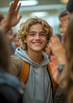 friends high-fiving each other in hallway on school day photo