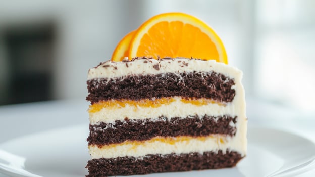 A slice of cake with an orange slice on top photo