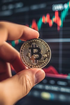 investment info chart, flat coin in hand, red arrow up, percent, clean layout photo