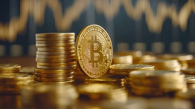 upward financial chart with coins and percent sign, photo