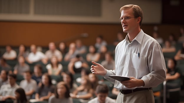 confident male teacher giving engaging lecture in front of high school students in modern classroom setting photo