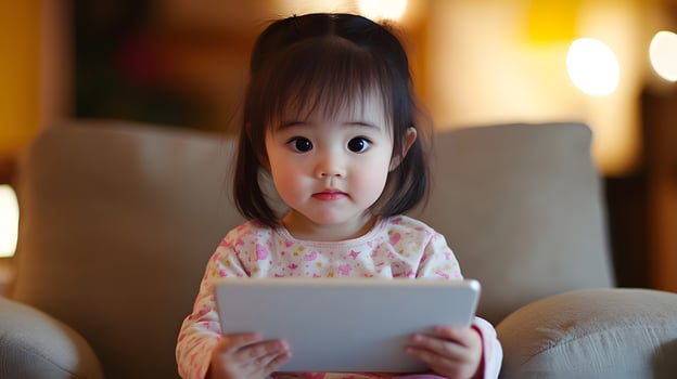 child sitting on parent's lap while studying on tablet photo