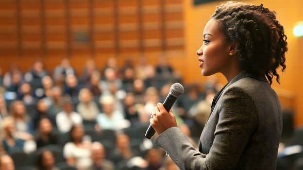 female educator using microphone in large auditorium to lead business class photo