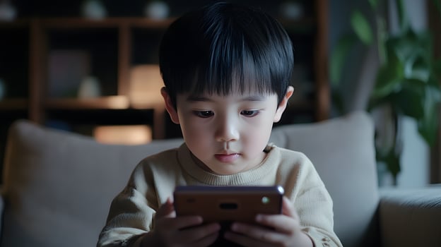 focused child participating in online quiz using interactive app photo