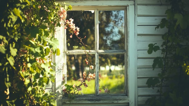 Overgrown White Wooden Window with Green Leaves photo