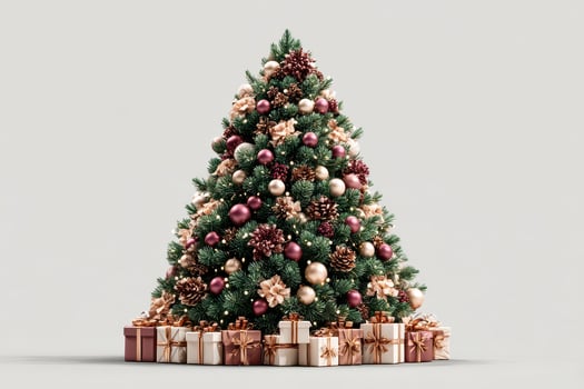 Beautifully decorated Christmas tree with presents displayed in elegant colors and ornaments during the holiday season photo