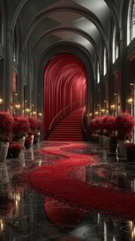 Elegant hallway adorned with red floral arrangements and a stunning staircase photo