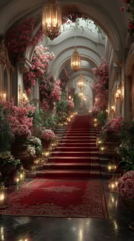 Exquisite floral staircase adorned with lanterns in a grand hall at twilight photo