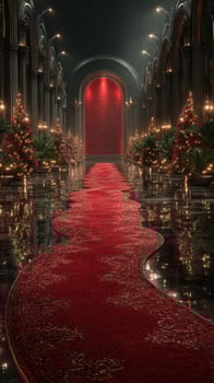 Elegant holiday ballroom decorated with red carpet and Christmas trees featuring a glowing backdrop photo