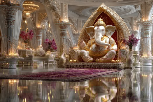 Grand Ganesh statue decorates an ornate temple interior with intricate details and serene ambiance photo