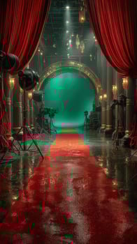 Elegant red carpet setup in a vintage-style theater with green backdrop and dramatic lighting photo