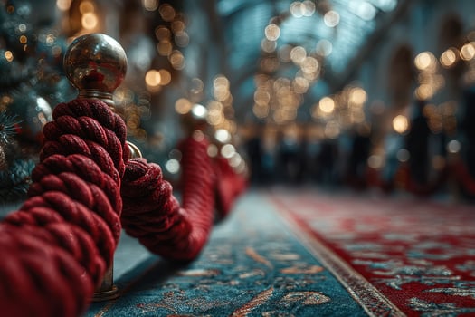 Festive holiday decoration with red ropes and golden posts in a stylish indoor market space filled with lights photo