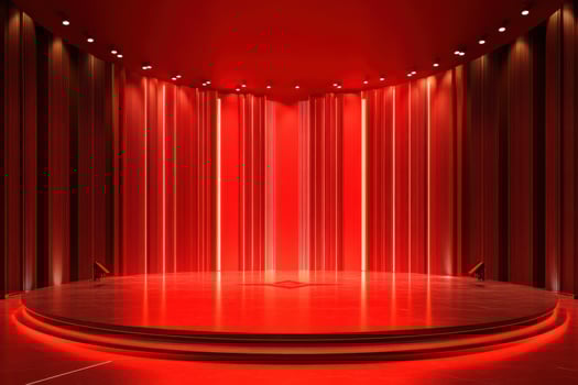 a red stage with a spotlight and red curtains photo