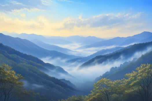 a painting of a mountain valley with fog photo